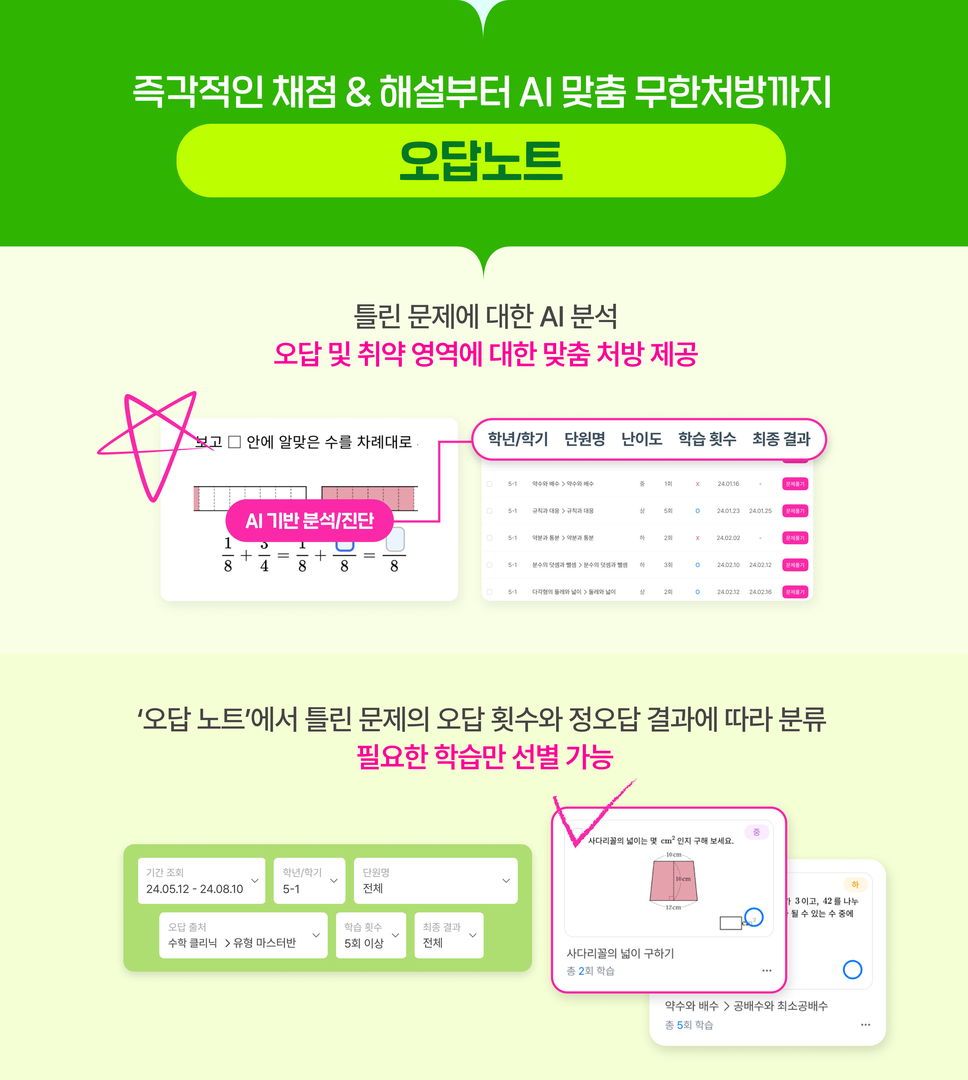 즉각적인 채점&해설부터 AI 맞춤 무한처방까지. 오답노트